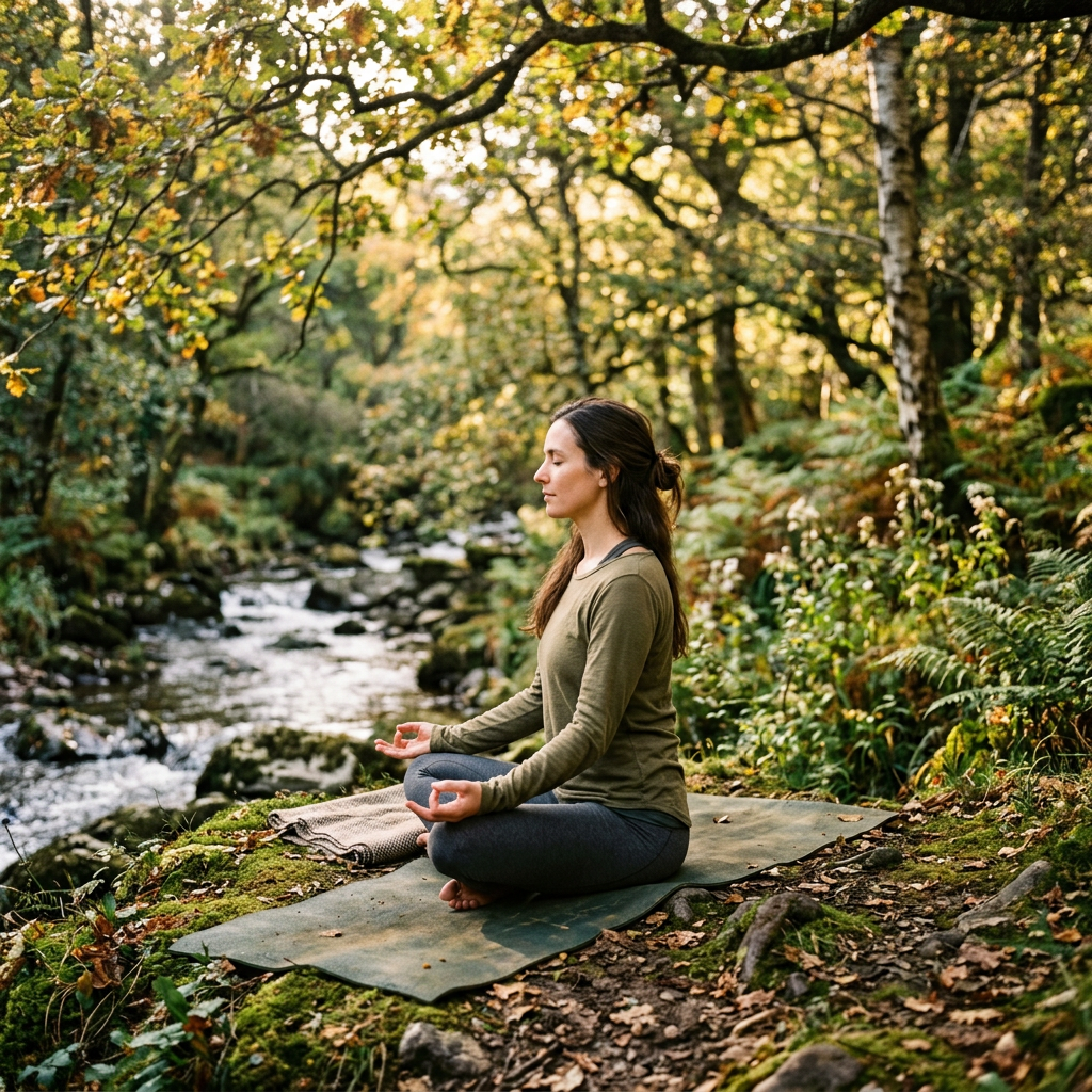 Woman sitting cross-legged meditating on a yoga mat in a forest near a stream
